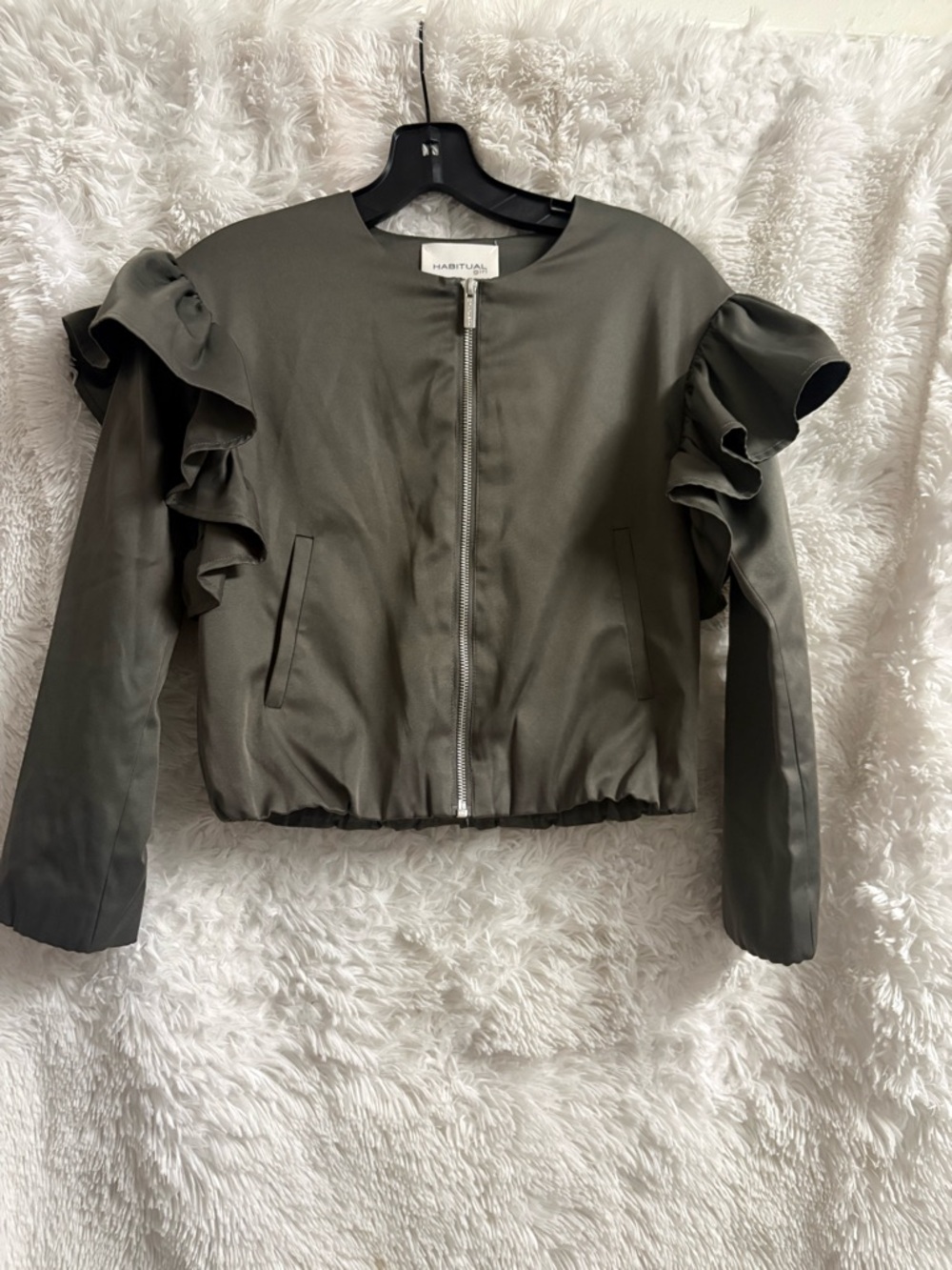Habitual Girls Olive Ruffle-Sleeve Bomber Jacket